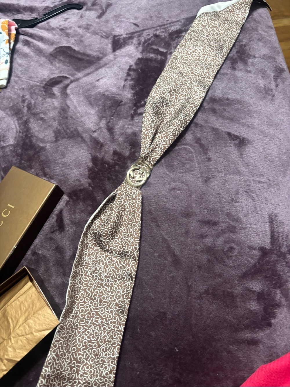 Gucci Brown and White Monogram Silk Twilly with Silver-Tone Ring
